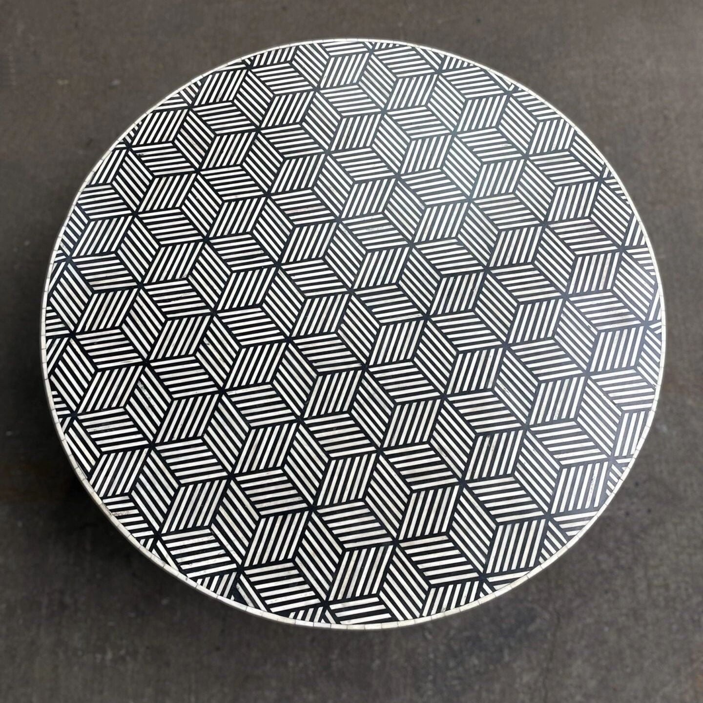   Heritage inlay optical pattern with brass base on wooden round coffee table s