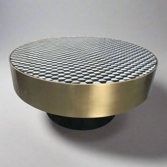 Brass coffee table with Heritage inlay geometric pattern top and black wooden base
