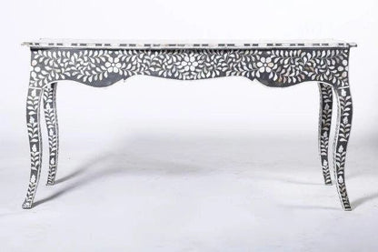  Mother of pearl  inlay floral pattern with three drawer wooden console or writing desk table