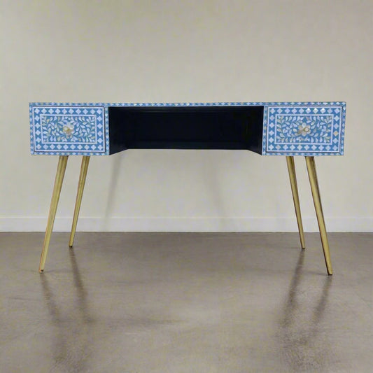 Mother of Pearl Inlay 2 Drawer Desk or Console Gold Coated Metal Legs