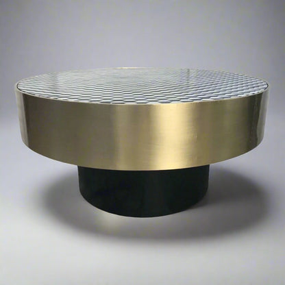  Brass coffee table with Heritage inlay geometric pattern top and black wooden base