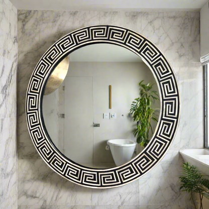 Heritage inlay round  wall mirror frame in geometric pattern
