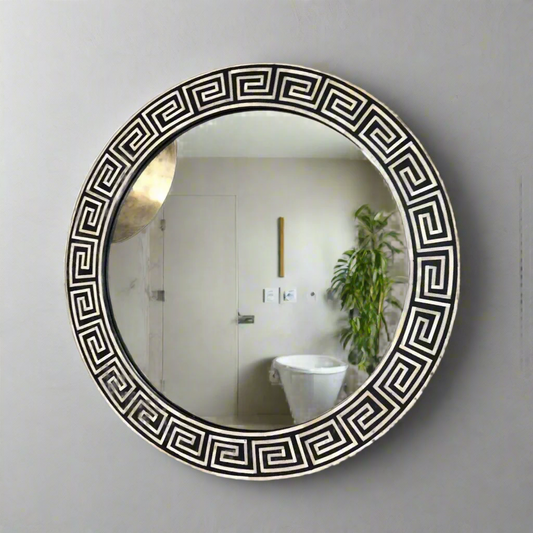 Heritage inlay round  wall mirror frame in geometric pattern