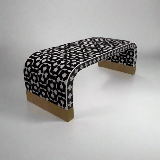  Heritage inlay geometric pattern with brass metal base legs wooden waterfall coffee table