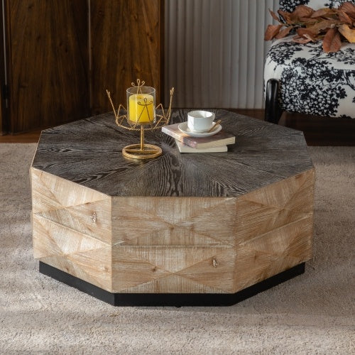 Octagon Coffee Table Wood Center Table With Three-Dimensional Embossed Pattern Rustic Finish