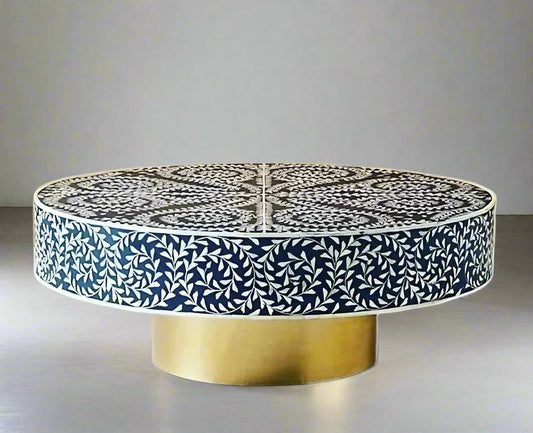  Heritage inlay floral pattern with brass metal base on wooden round coffee table  in Navy blue