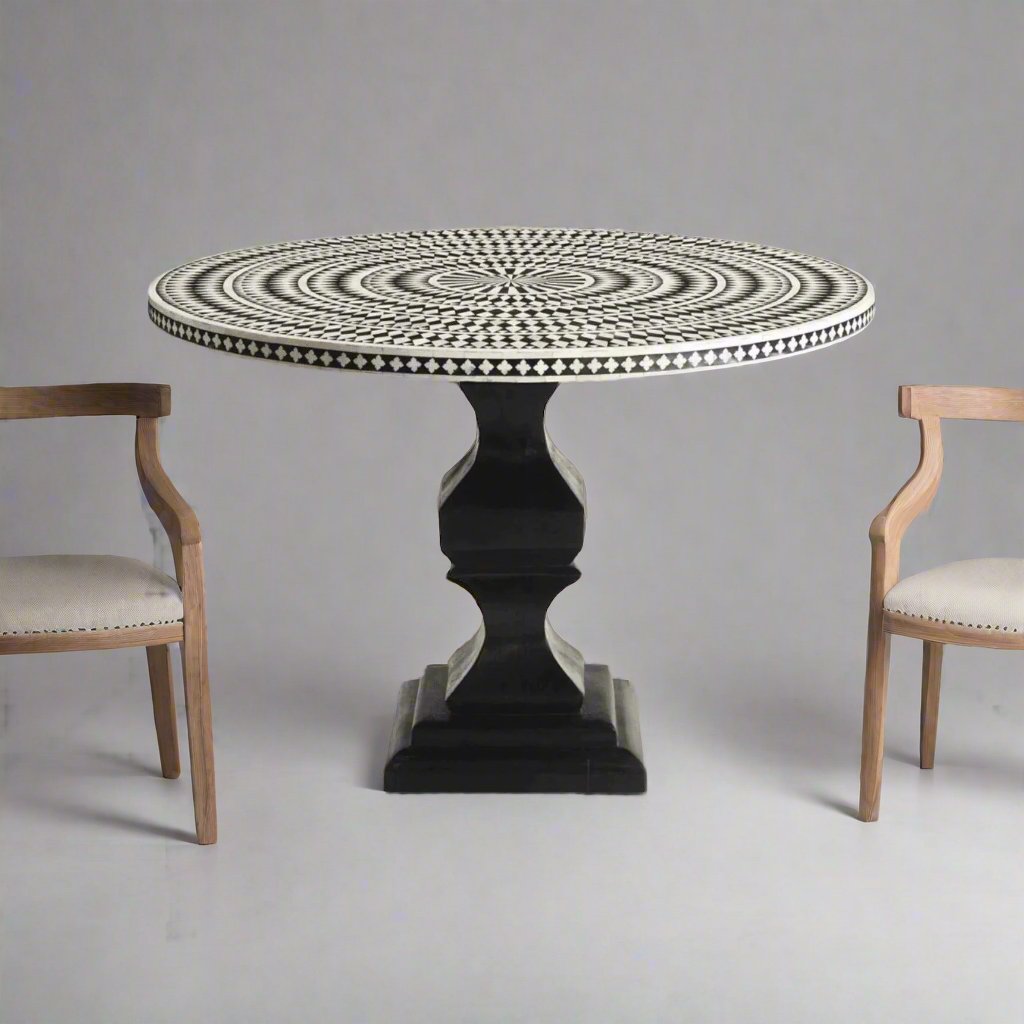  Heritage inlay Dining table top with black carved wooden stand