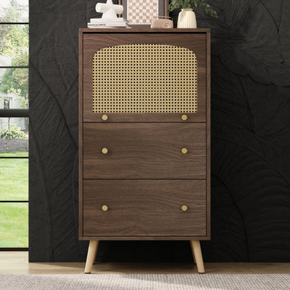 Breathable Rattan Storage Sideboard, 2 Drawer 1 Upward Flip Door Storage Bookcase Cabinet, L 60 XW 40 XH 113 Cm