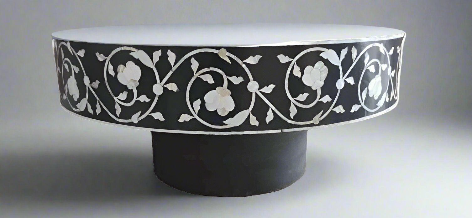   Mother of Pearl inlay on wood coffee table in black for enhancing the living room