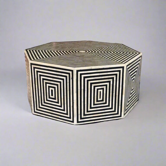   Heritage inlay geometric pattern on wooden hexagon coffee table 