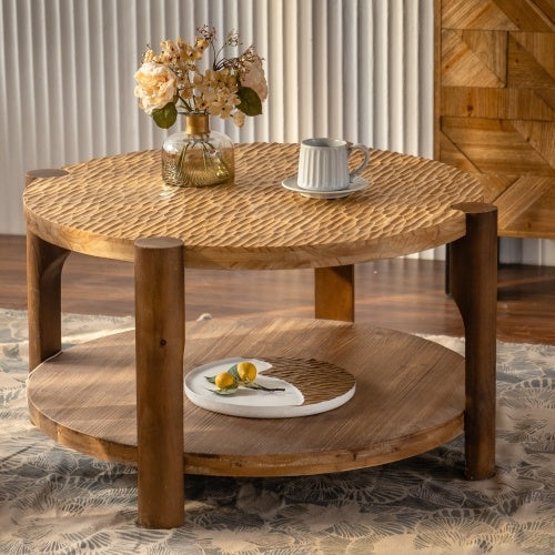 Round Coffee Table With Solid Wood and carved Top