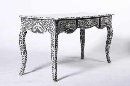  Mother of pearl  inlay floral pattern with three drawer wooden console or writing desk table