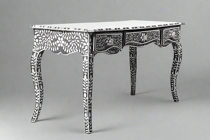 Mother of pearl inlay floral pattern with three drawer wooden console or writing desk table
