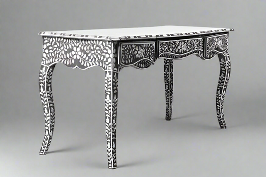 Mother of pearl inlay floral pattern with three drawer wooden console or writing desk table