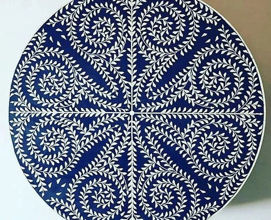  Heritage inlay floral pattern with brass metal base on wooden round coffee table  in Navy blue