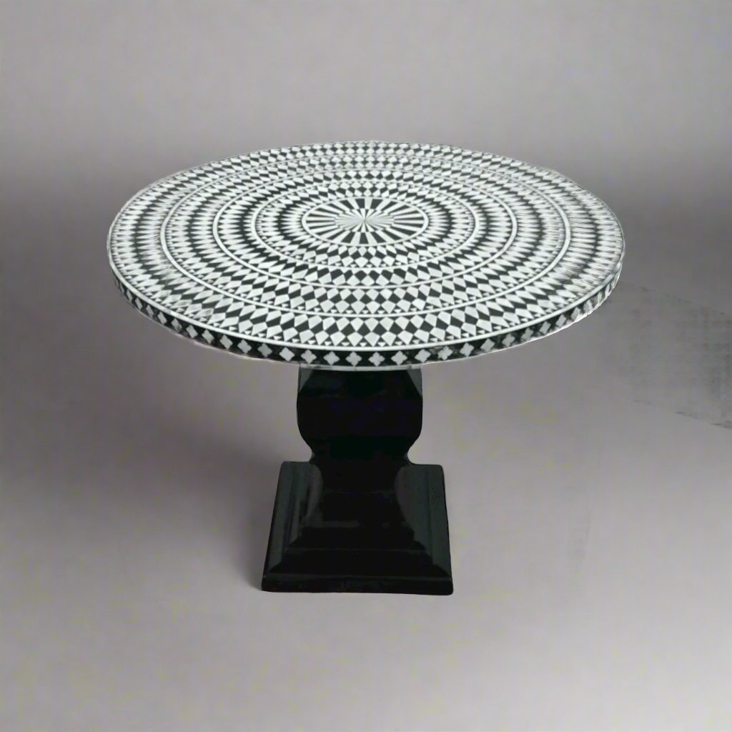  Heritage inlay Dining table top with black carved wooden stand