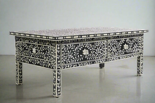   Heritage inlay floral pattern with two drawer wooden coffee table 