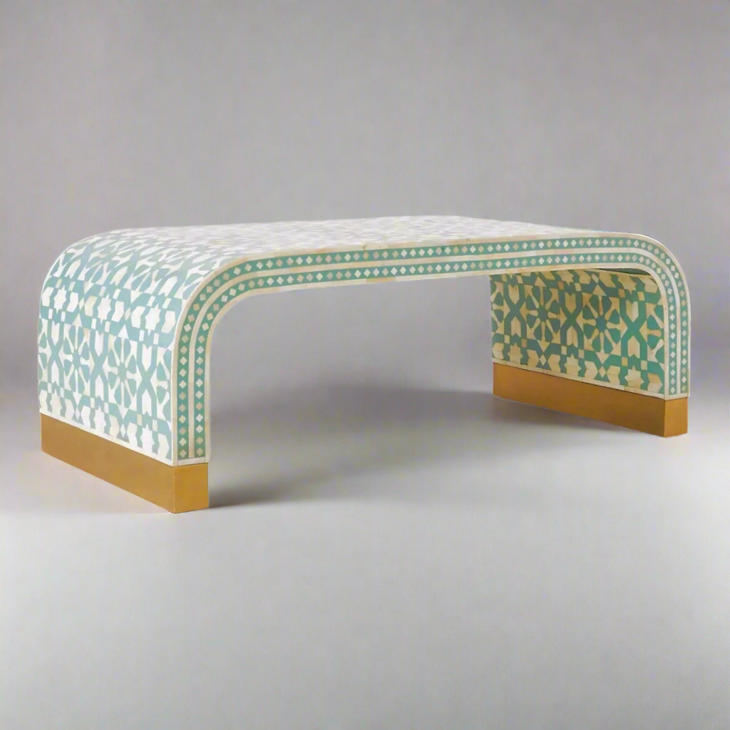 Heritage  inlay Moroccan pattern with brass metal base legs wooden waterfall coffee table