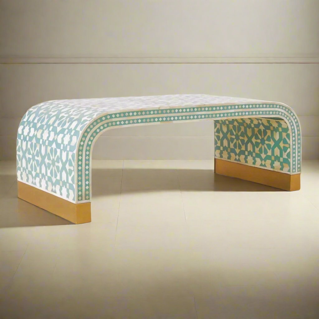 Heritage  inlay Moroccan pattern with brass metal base legs wooden waterfall coffee table