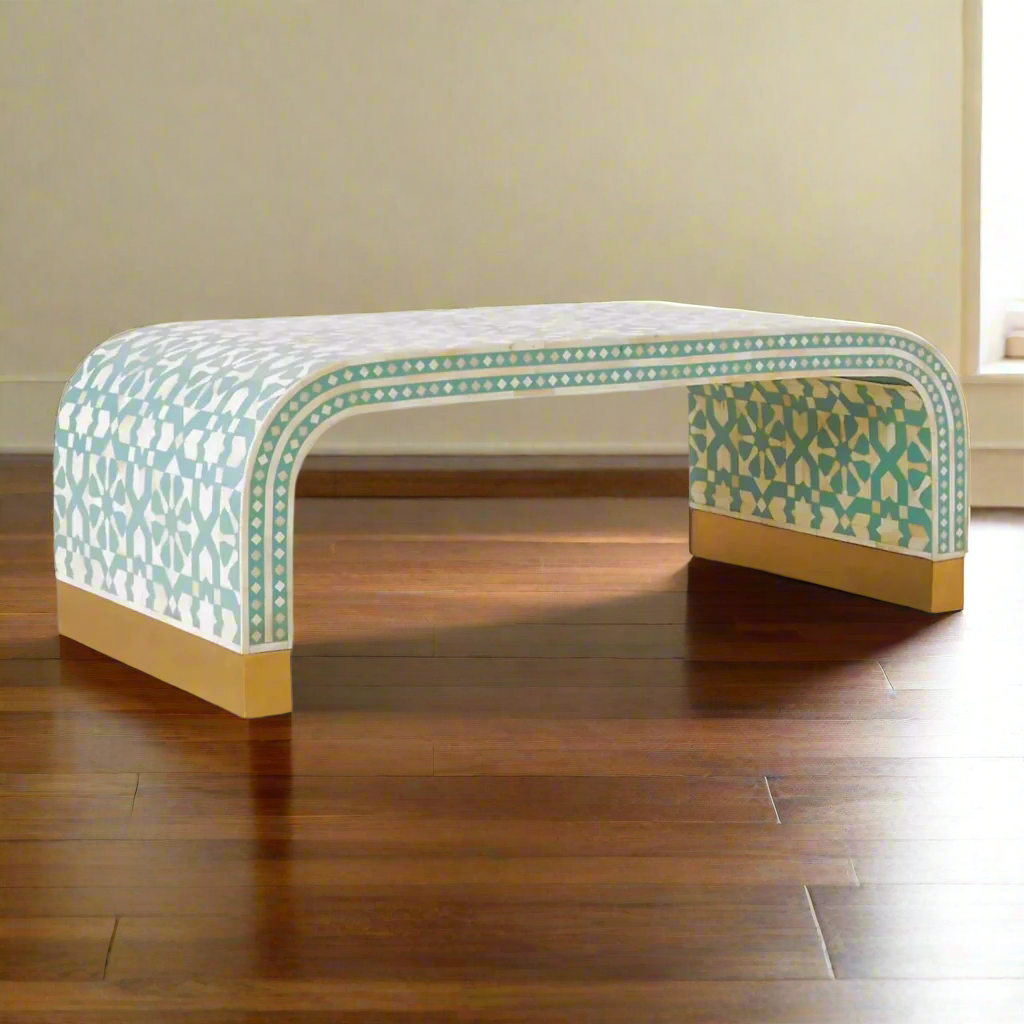 Heritage  inlay Moroccan pattern with brass metal base legs wooden waterfall coffee table