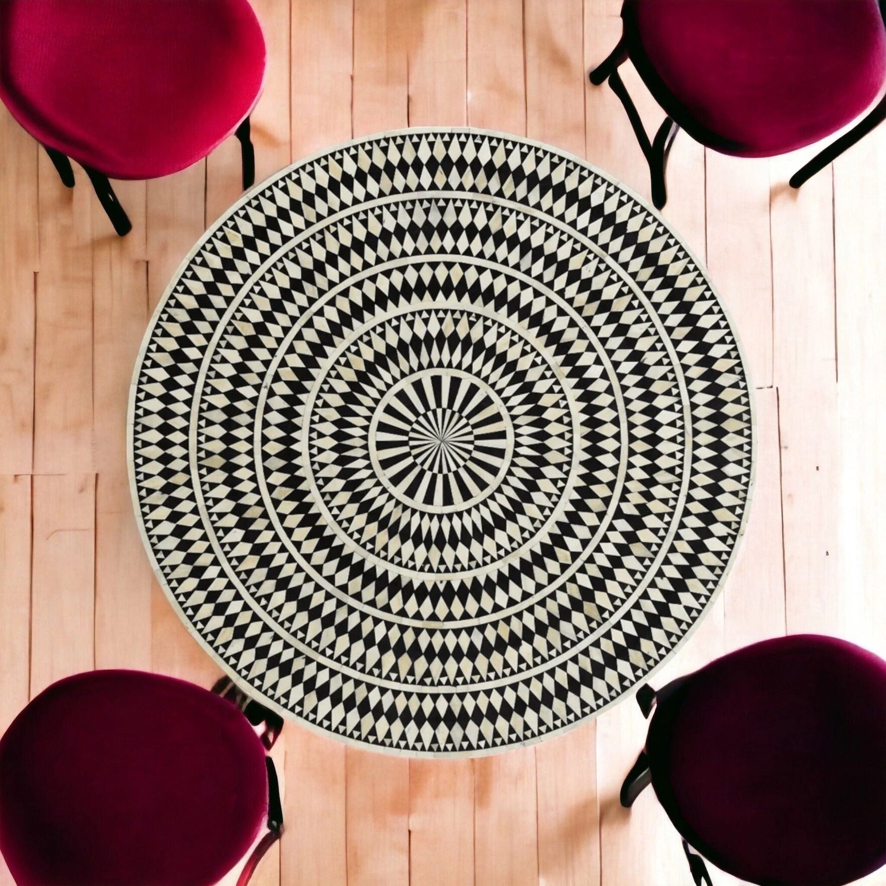  Heritage inlay Dining table top with black carved wooden stand
