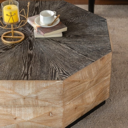 Octagon Coffee Table Wood Center Table With Three-Dimensional Embossed Pattern Rustic Finish