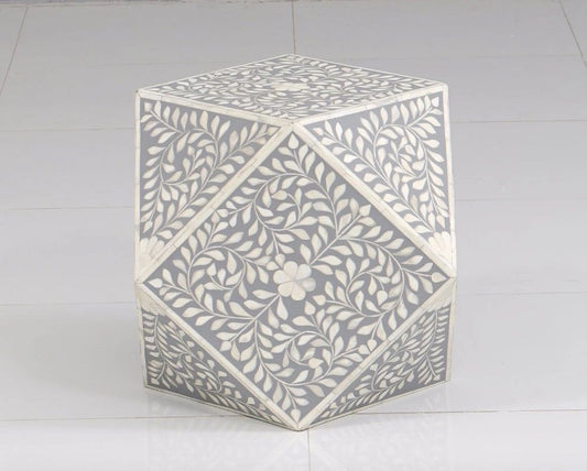   Heritage inlay in floral pattern wooden plant stand / side table / end corner table in grey