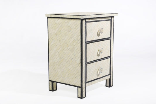 Ivory Chevron Bone Inlay 3-Drawer Bedside Table with Black Border