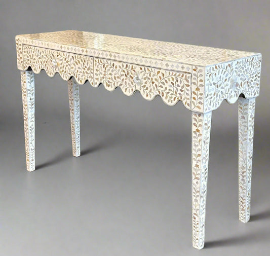 Mother of Pearl Inlay 2 Drawer Console - White Floral