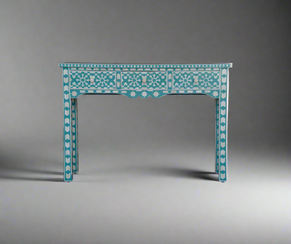 Heritage Inlay Moroccan Pattern Console Table featuring intricate geometric designs in blue and white.