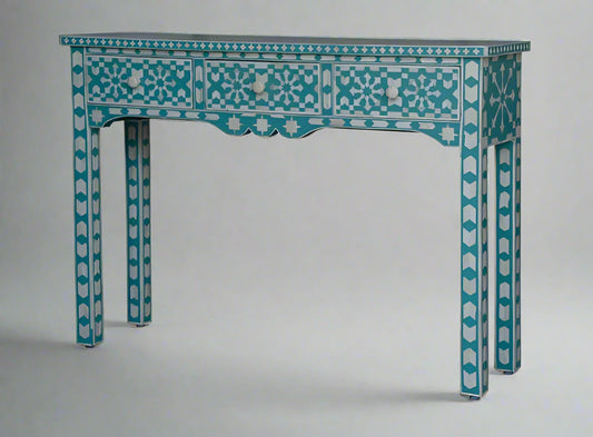 Heritage Inlay Moroccan Pattern Console Table showcasing intricate geometric designs in blue and white.