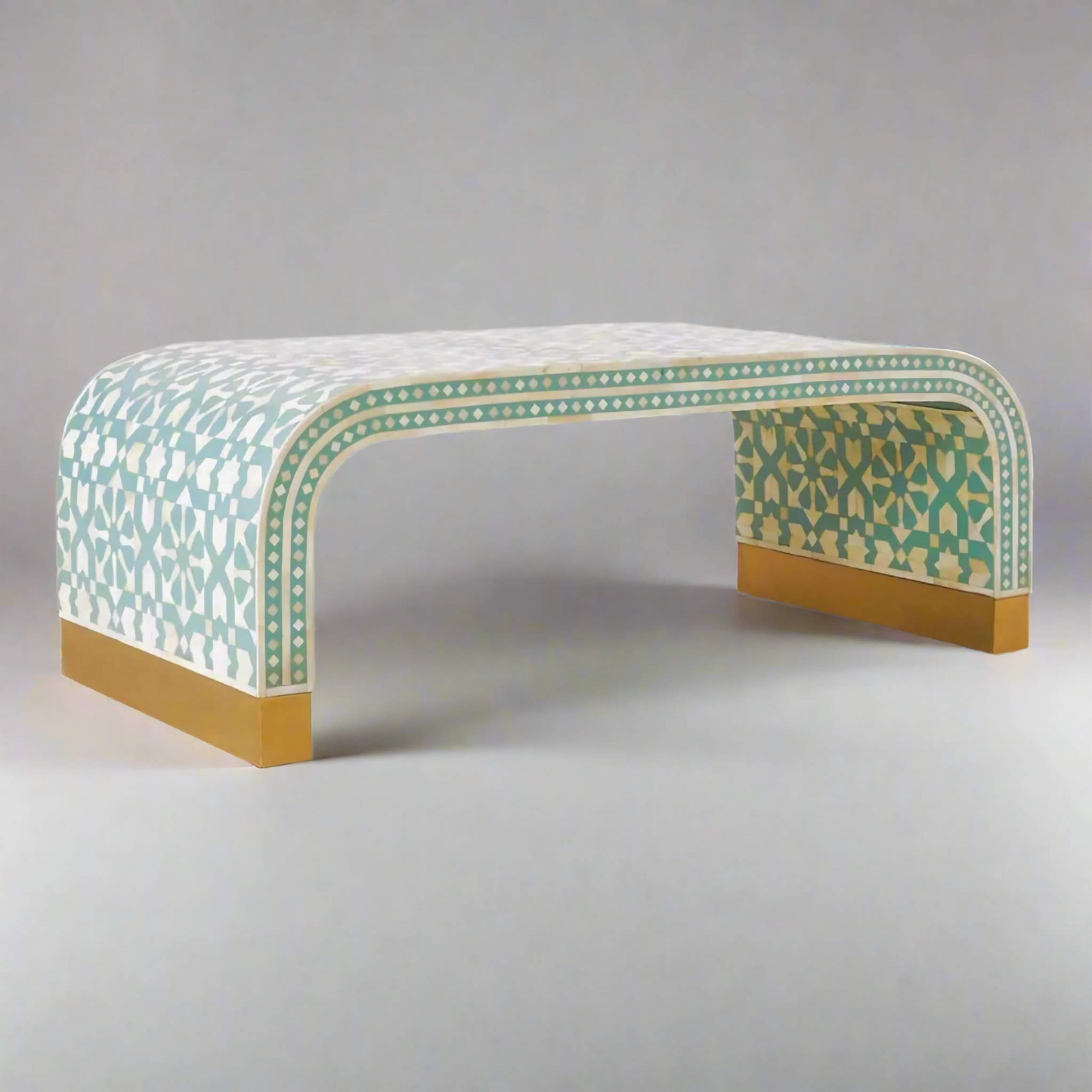 Heritage  inlay Moroccan pattern with brass metal base legs wooden waterfall coffee table