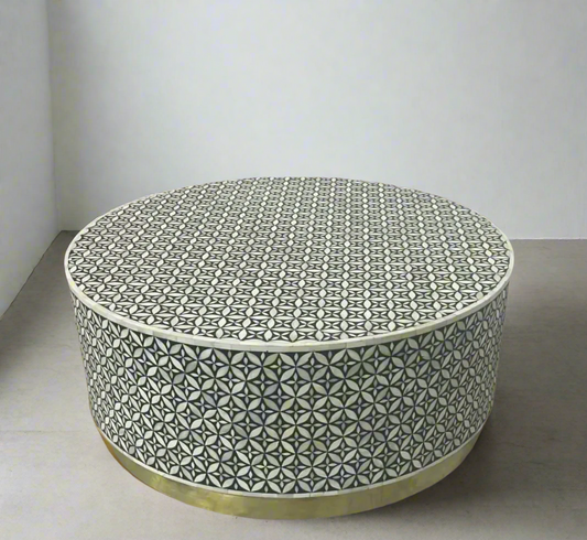 Heritage inlay geometric pattern on wooden round coffee table
