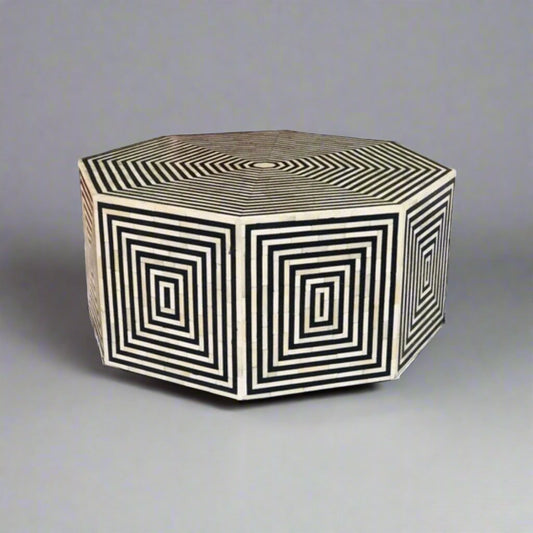   Heritage inlay geometric pattern on wooden hexagon coffee table 
