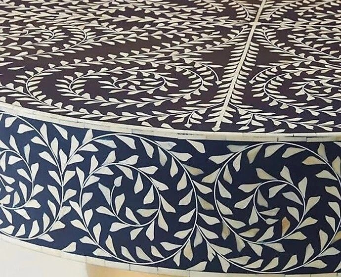  Heritage inlay floral pattern with brass metal base on wooden round coffee table  in Navy blue