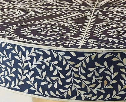  Heritage inlay floral pattern with brass metal base on wooden round coffee table  in Navy blue