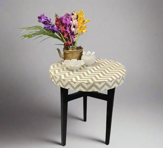   Heritage inlay in Black geometric pattern wooden plant stand or side table in grey