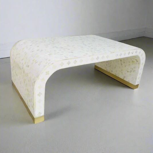 Heritage  inlay Targua pattern with brass metal base legs wooden waterfall coffee table