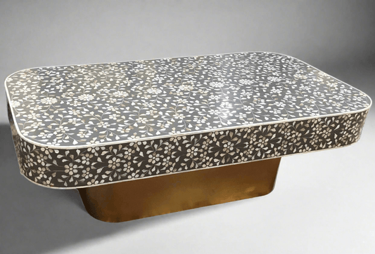 Mother of pearl inlay  floral pattern with brass metal base on wooden coffee table