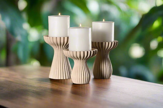 Ripple Carve – Handcrafted Wooden Candle Stand Set