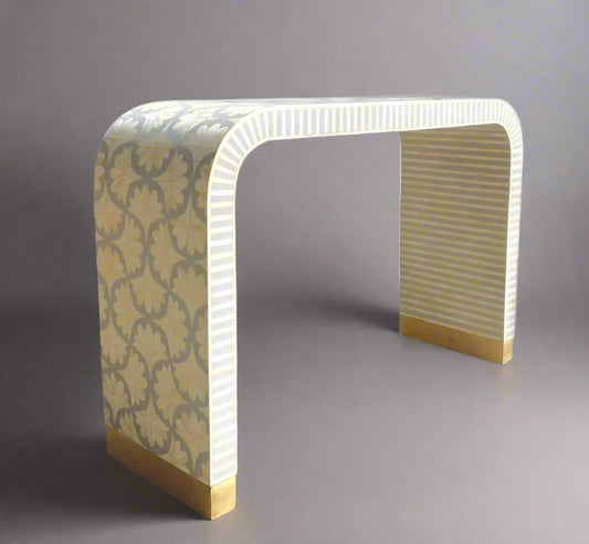  Heritage inlay lotus pattern with brass metal base legs wooden waterfall console table in grey