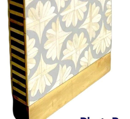  Heritage inlay lotus pattern with brass metal base legs wooden waterfall console table in grey