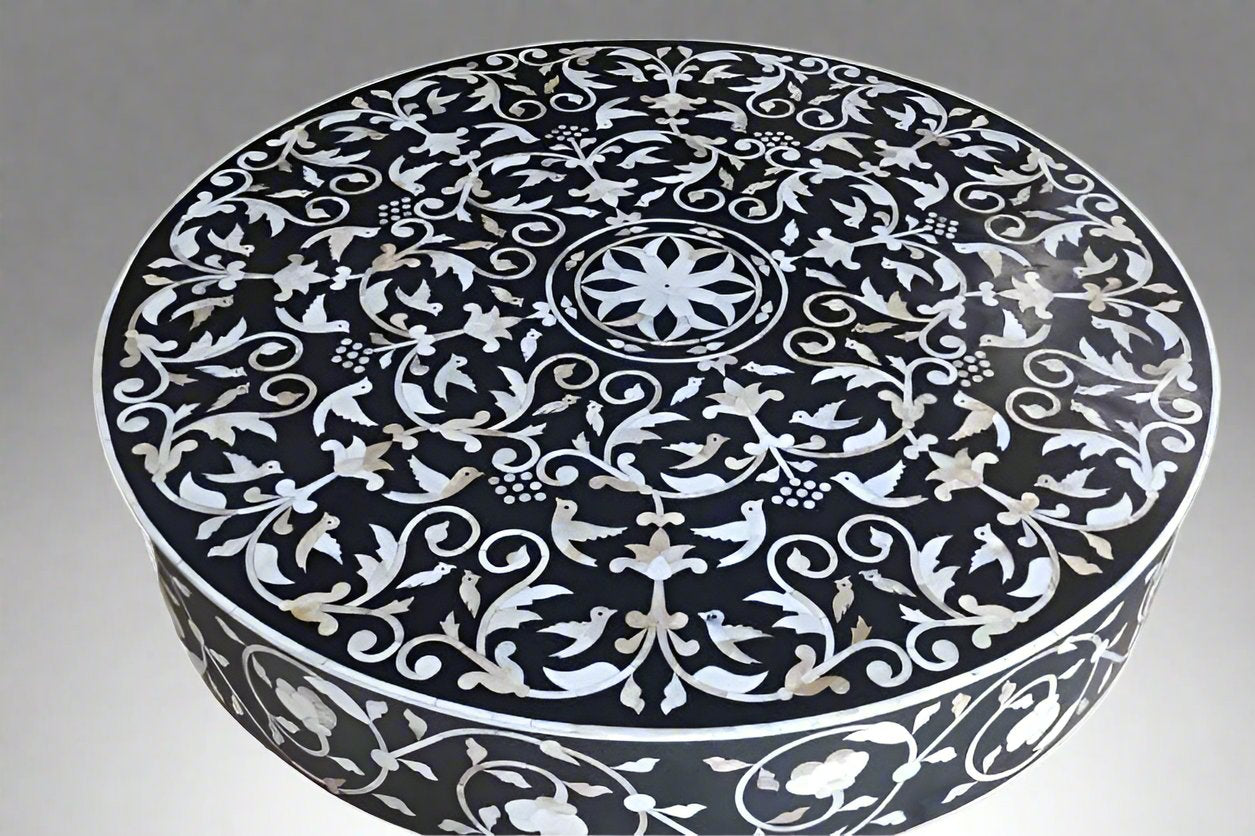   Mother of Pearl inlay on wood coffee table in black for enhancing the living room