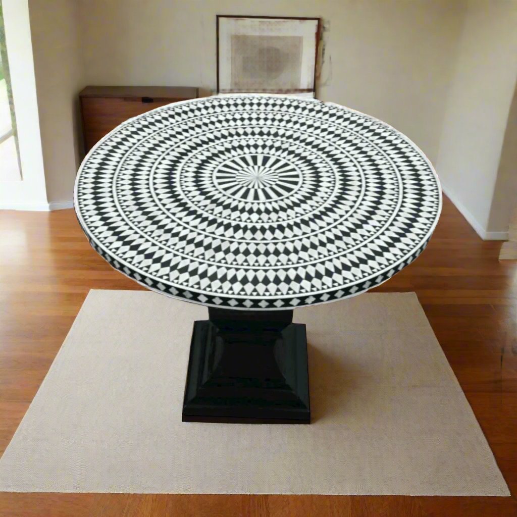  Heritage inlay Dining table top with black carved wooden stand