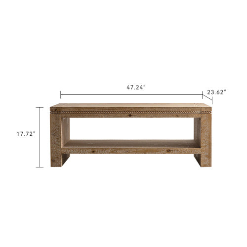 Wooden coffee table with dimensions labeled on a white background