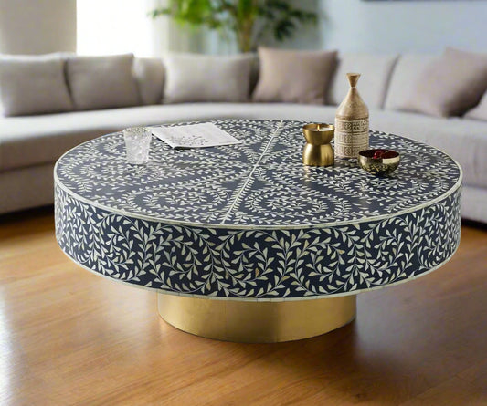 Heritage inlay floral pattern with brass metal base round coffee table  in Navy blue