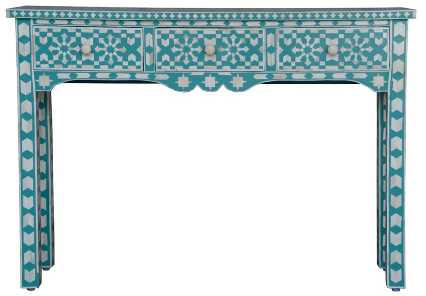 Heritage Inlay Moroccan Pattern Console Table with intricate geometric design and three drawers in blue and white.