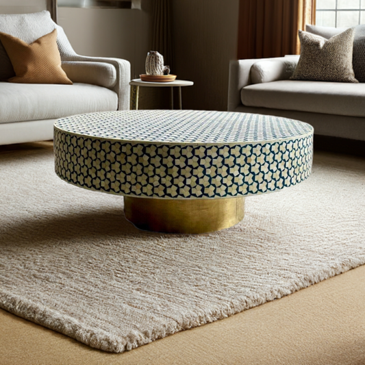 Heritage inlay targua pattern with brass metal base round coffee table