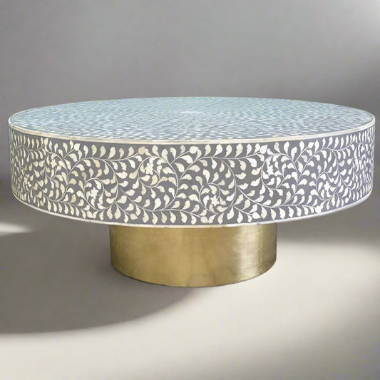   Heritage inlay floral pattern with brass base on wooden coffee table for the living room.