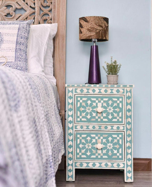  Heritage inlay moroccan pattern wooden two drawer bedside / nightstand / side table